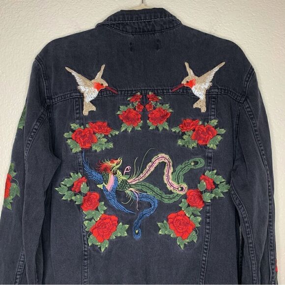 Pacsun Women’s Size Medium Black Denim Embroidered Jacket - Picture 7 of 13